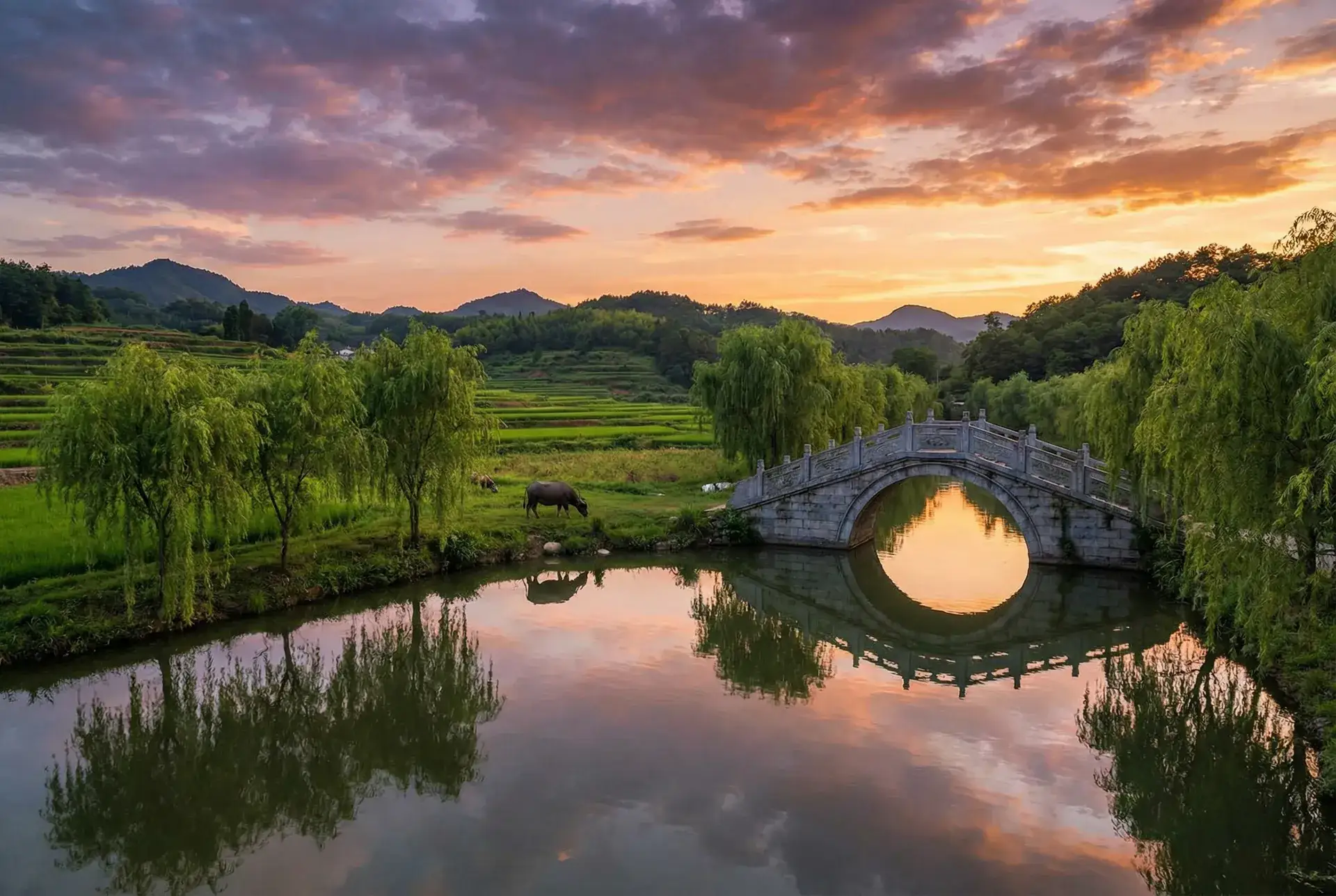 夕阳下的石拱桥与垂柳，水牛在河边吃草 - 奇米第四色444888 乡村美景